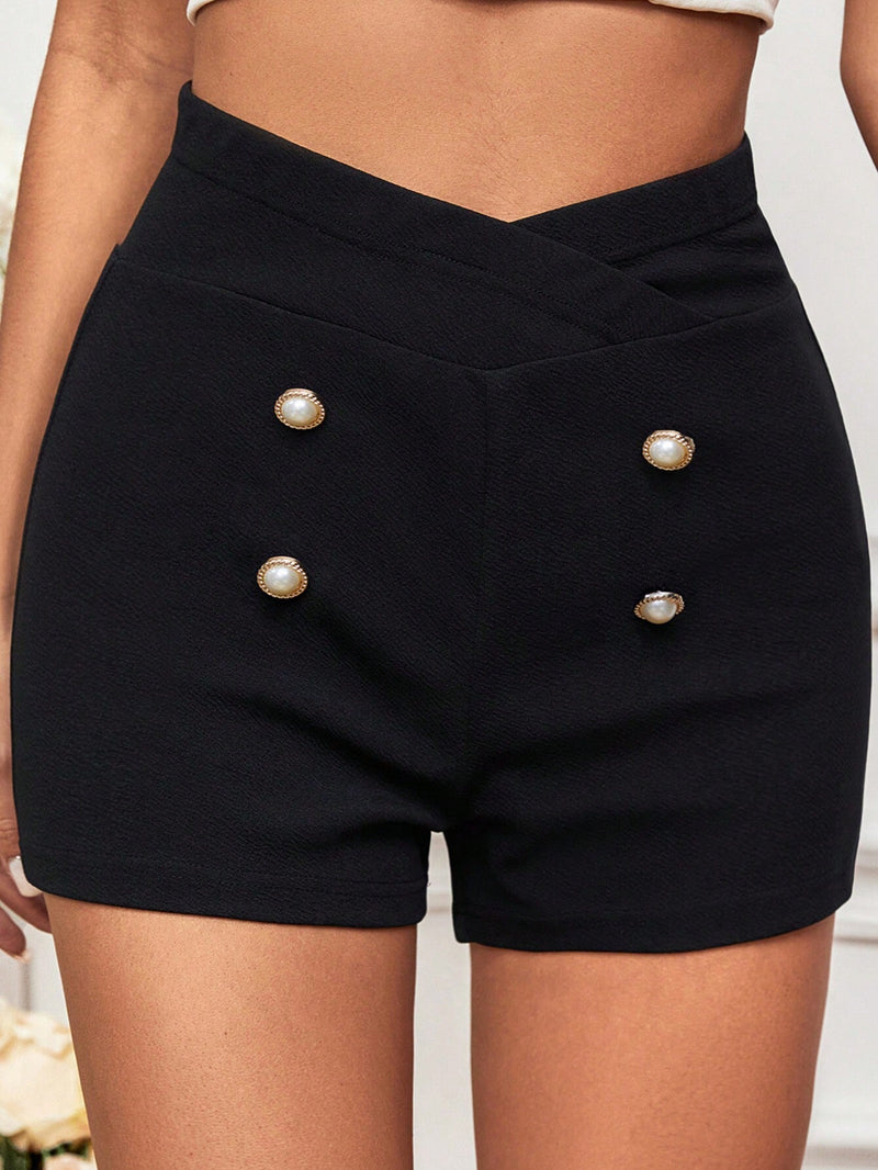 Shorts De Detalle De Botones En La Cintura Superpuesta Para Mujeres