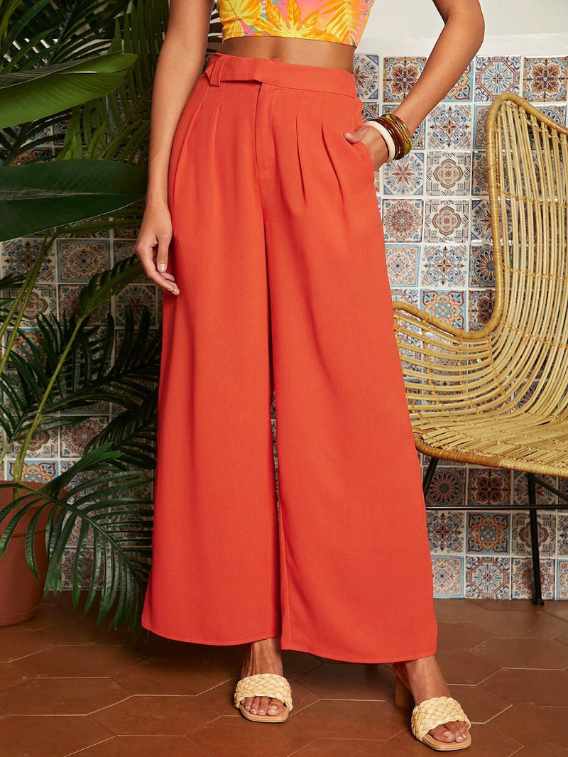 TRVLCHIC Pantalones anchos de talle alto y tejido ligero para el verano y las vacaciones de primavera-verano en color naranja