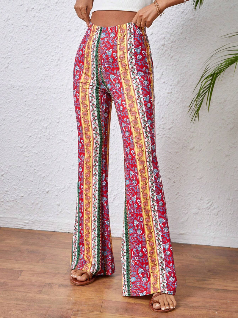 VCAY Pantalones Acampanados Con Estampado Floral De Cintura Alta Y Elastica