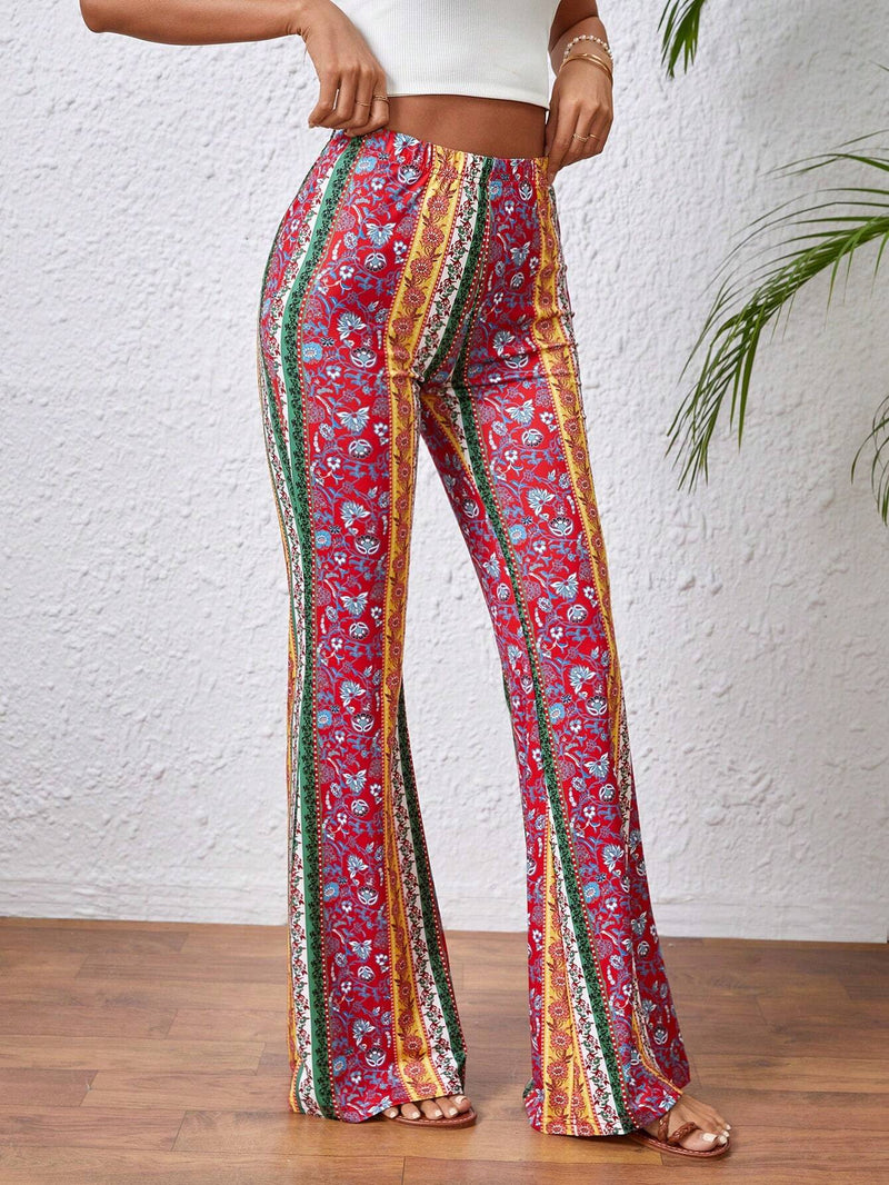 VCAY Pantalones Acampanados Con Estampado Floral De Cintura Alta Y Elastica