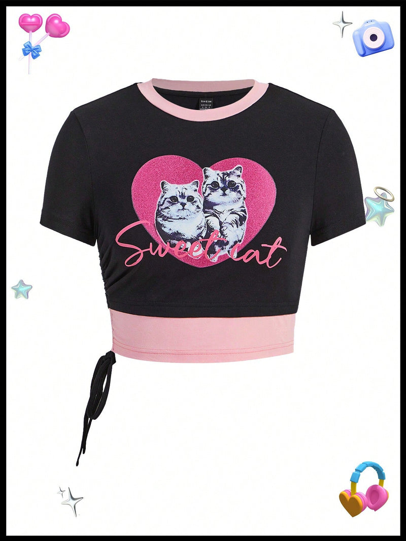 Neu Camiseta Negra Y Rosa Con Impresion De Gato Lindo Para Ninos Estilo Kidcore