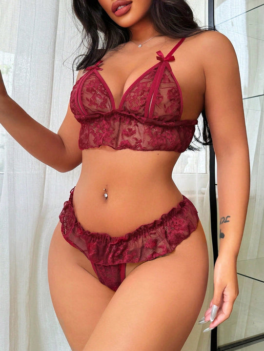 Conjunto De Top De Encaje Con Cuello En V Y Braguitas Con Ribete De Volantes
