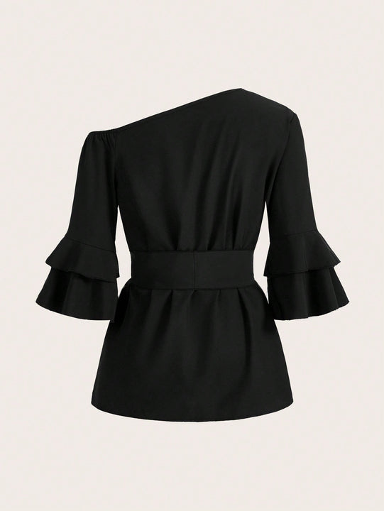 Clasi Camisa De Mujer Con Dobladillo Asimetrico Y Cinturon De Lazo