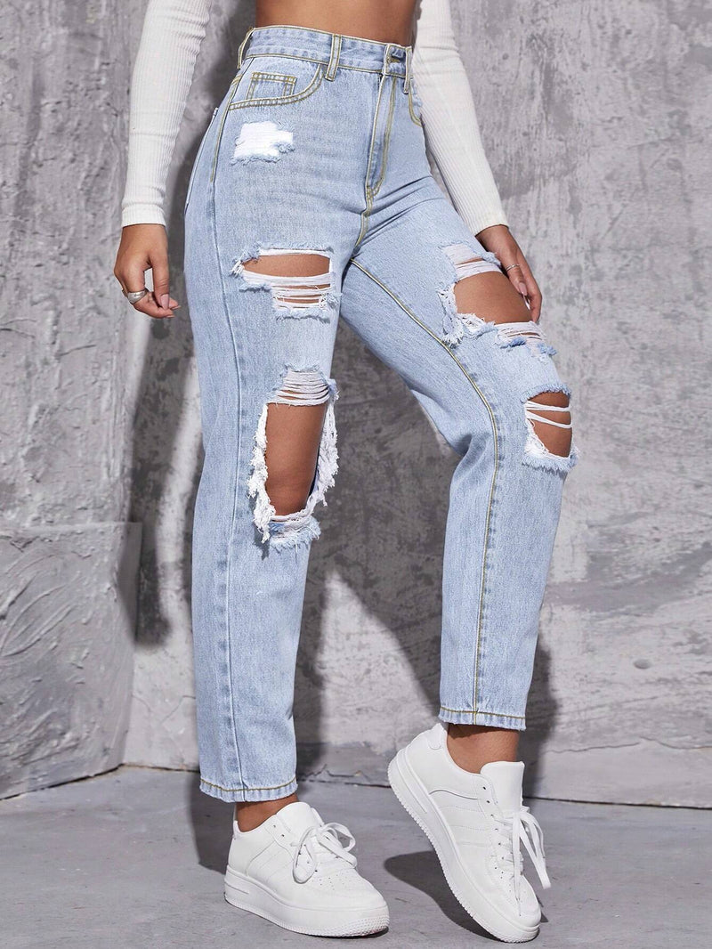 Tall Jeans casuales de mujer con pierna recta rasgados y bolsillos