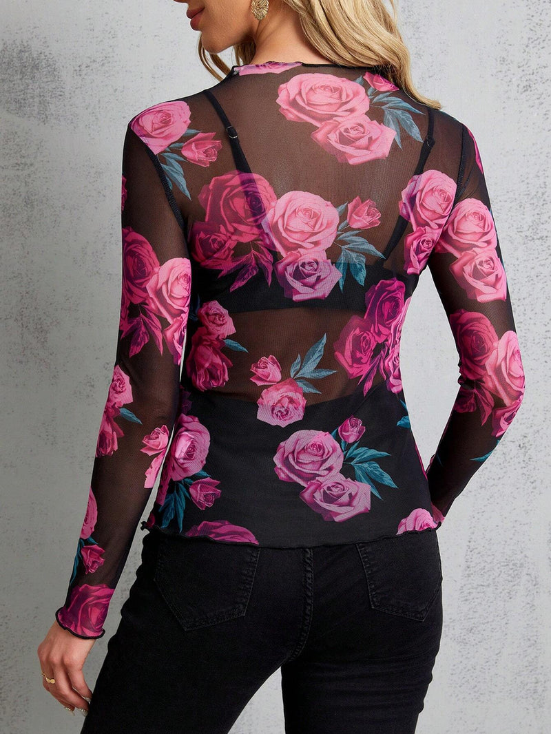 Clasi Blusa Larga Con Cuello De Pie Y Estampado Floral Transparente Para Mujer