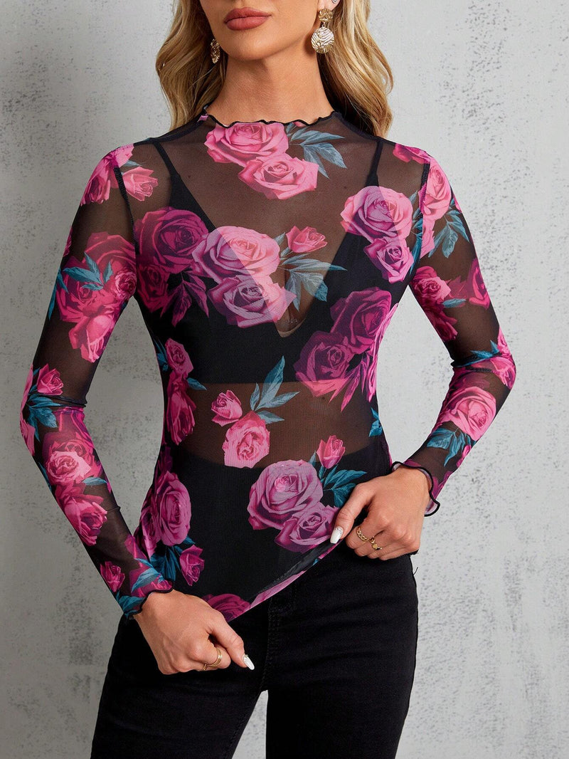 Clasi Blusa Larga Con Cuello De Pie Y Estampado Floral Transparente Para Mujer