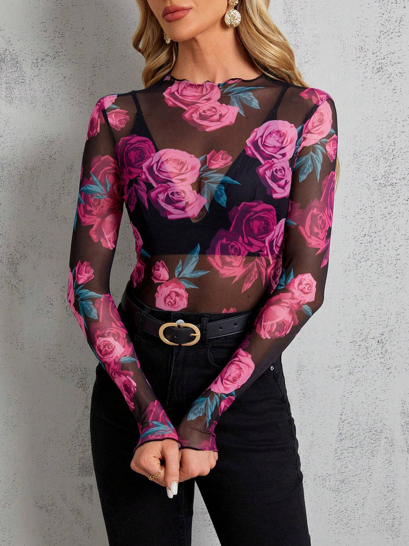 Clasi Blusa Larga Con Cuello De Pie Y Estampado Floral Transparente Para Mujer