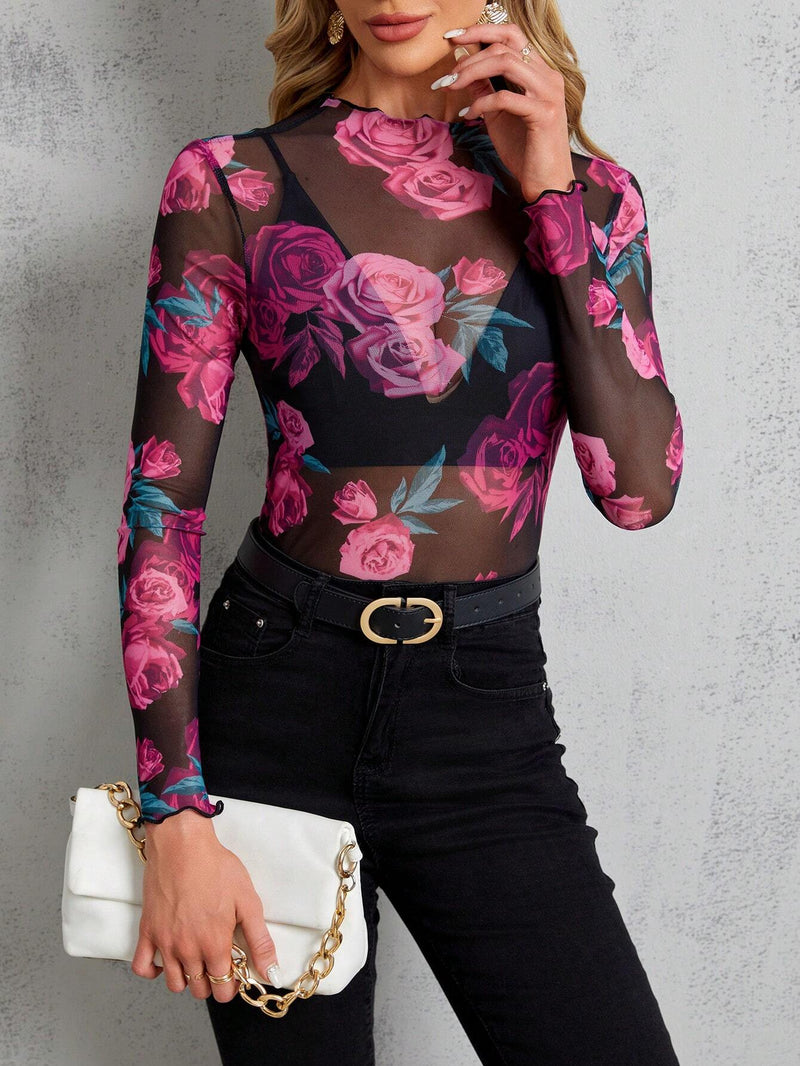 Clasi Blusa Larga Con Cuello De Pie Y Estampado Floral Transparente Para Mujer