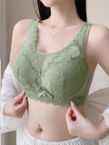 Sencillo Sujetador Inalambrico De Encaje Floral Solido Con Lazo, Sujetador De Cobertura Completa Comodo Y Transpirable, Lenceria Y Ropa Interior Para Mujeres