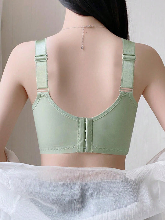 Sencillo Sujetador Inalambrico De Encaje Floral Solido Con Lazo, Sujetador De Cobertura Completa Comodo Y Transpirable, Lenceria Y Ropa Interior Para Mujeres