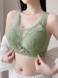 Sencillo Sujetador Inalambrico De Encaje Floral Solido Con Lazo, Sujetador De Cobertura Completa Comodo Y Transpirable, Lenceria Y Ropa Interior Para Mujeres