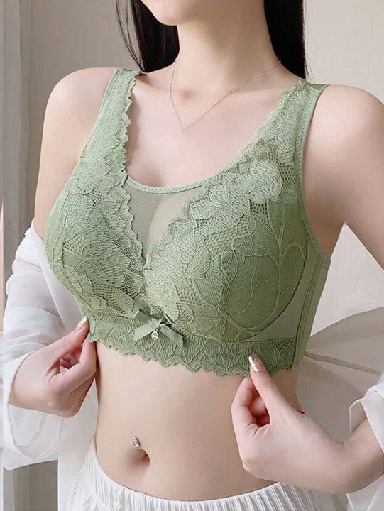Sencillo Sujetador Inalambrico De Encaje Floral Solido Con Lazo, Sujetador De Cobertura Completa Comodo Y Transpirable, Lenceria Y Ropa Interior Para Mujeres