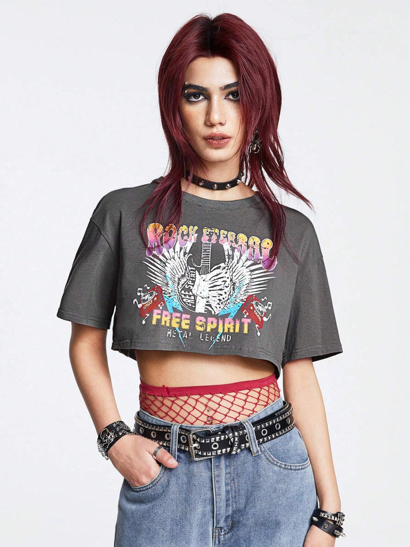 ROMWE Grunge Punk Camiseta Corta De Manga Corta Con Diseno Impreso De Alas Para Mujeres