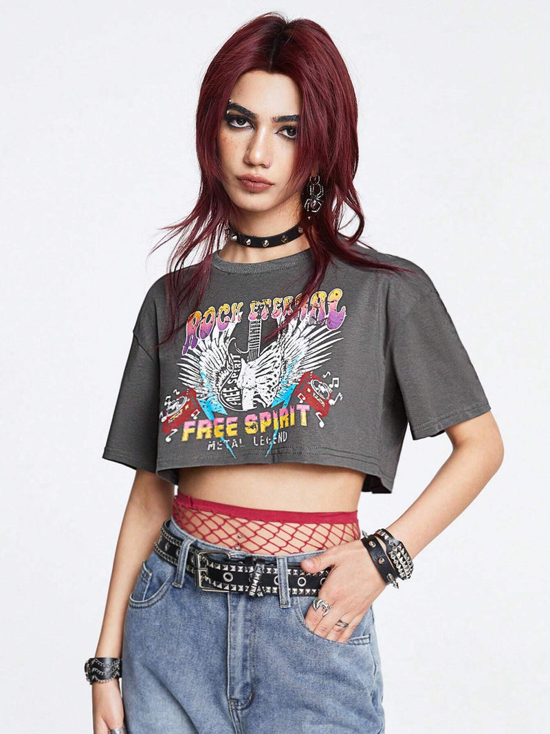 ROMWE Grunge Punk Camiseta Corta De Manga Corta Con Diseno Impreso De Alas Para Mujeres