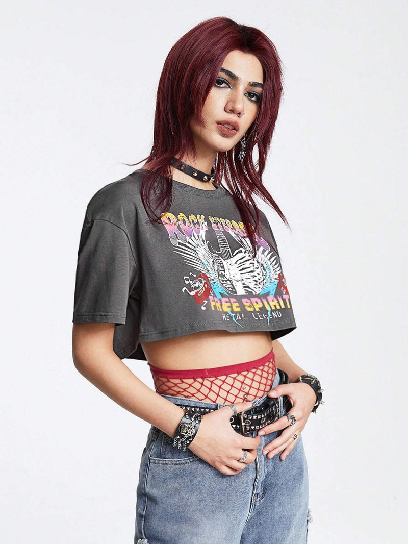 ROMWE Grunge Punk Camiseta Corta De Manga Corta Con Diseno Impreso De Alas Para Mujeres