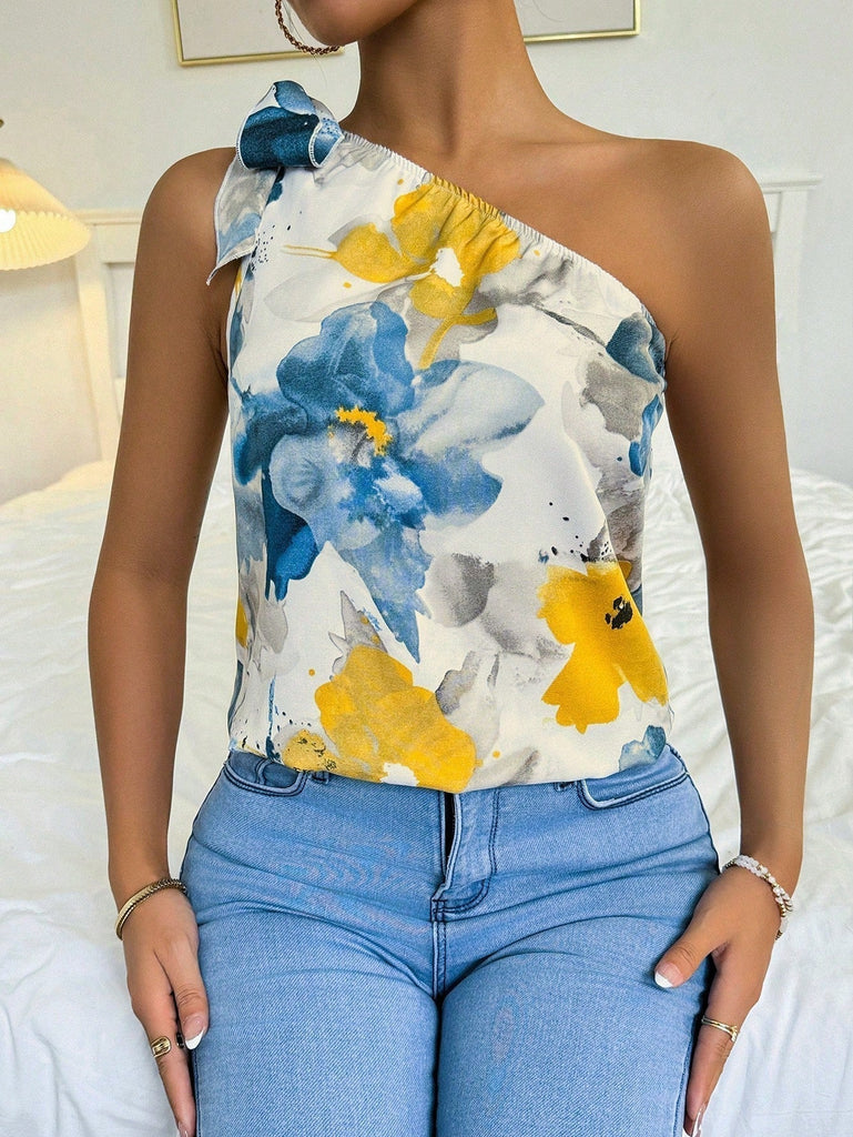 Prive Camisa Sin Mangas Con Cuello Asimetrico Y Estampado De Flores