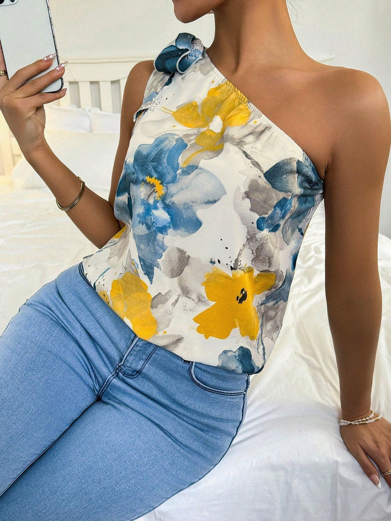 Prive Camisa Sin Mangas Con Cuello Asimetrico Y Estampado De Flores