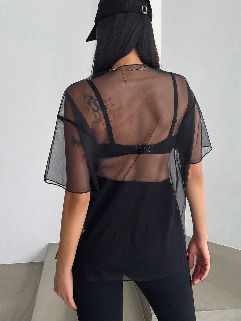 DAZY Top De Manga Corta Y Cuello Redondo De Malla Transparente