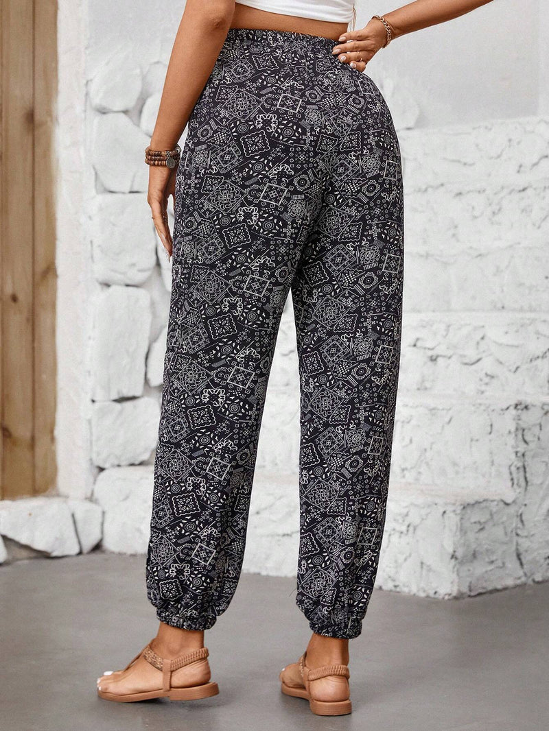 LUNE Pantalones Casuales Con Cintura Elastica, Punos Elasticos Y Cordon Decorativo Estampados