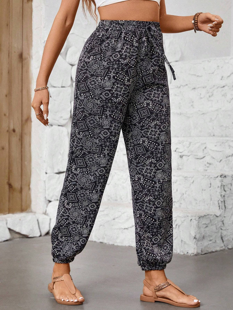 LUNE Pantalones Casuales Con Cintura Elastica, Punos Elasticos Y Cordon Decorativo Estampados