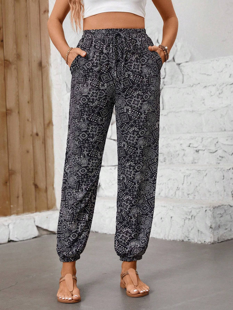 LUNE Pantalones Casuales Con Cintura Elastica, Punos Elasticos Y Cordon Decorativo Estampados