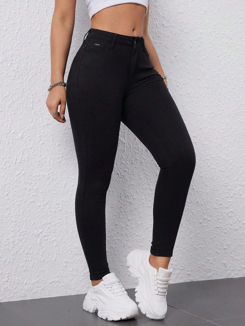 EZwear Jeans Ajustados De Mujer De Color Solido Simple Con Bolsillos