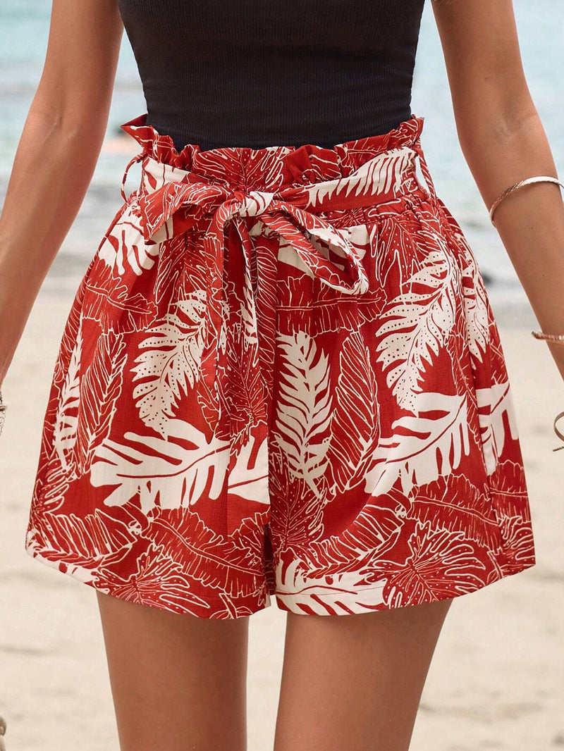 Frenchy Pantalones Cortos De Cintura Alta Con Estampado De Planta Y Bolsa De Papel Para Vacaciones De Verano