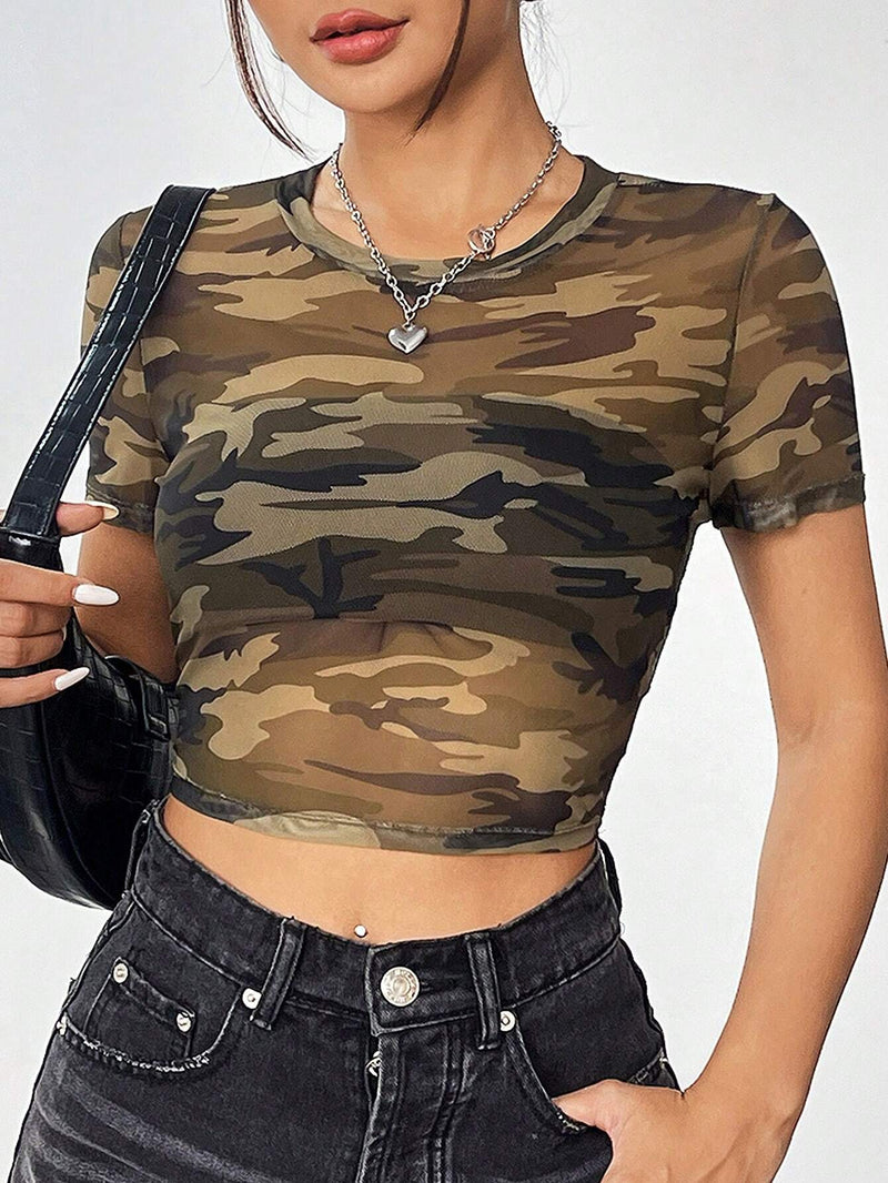 EZwear Top De Malla De Punto Con Cuello Redondo En Camuflaje Para Mujeres