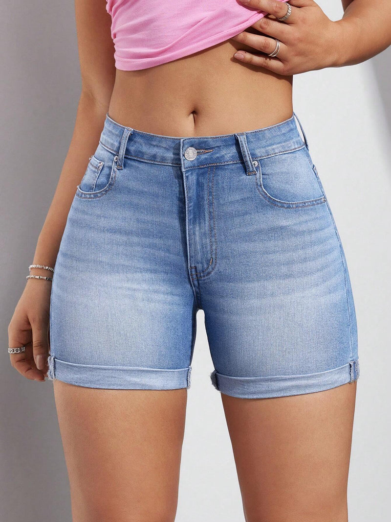 Shorts De Mezclilla Para Mujer De Ajuste Ajustado Con Punos