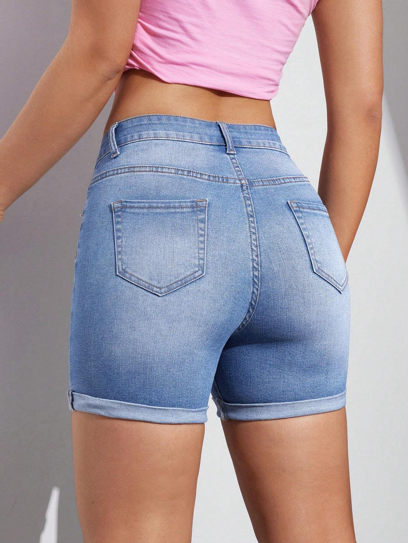 Shorts De Mezclilla Para Mujer De Ajuste Ajustado Con Punos