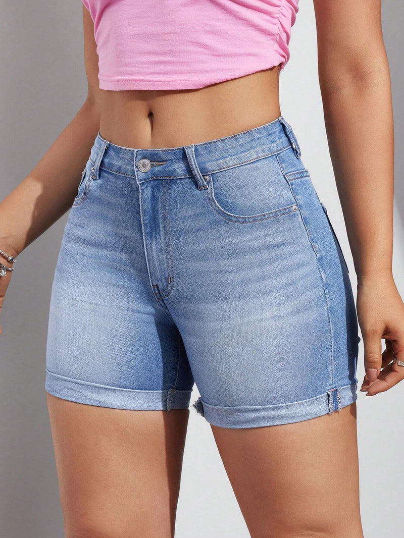 Shorts De Mezclilla Para Mujer De Ajuste Ajustado Con Punos