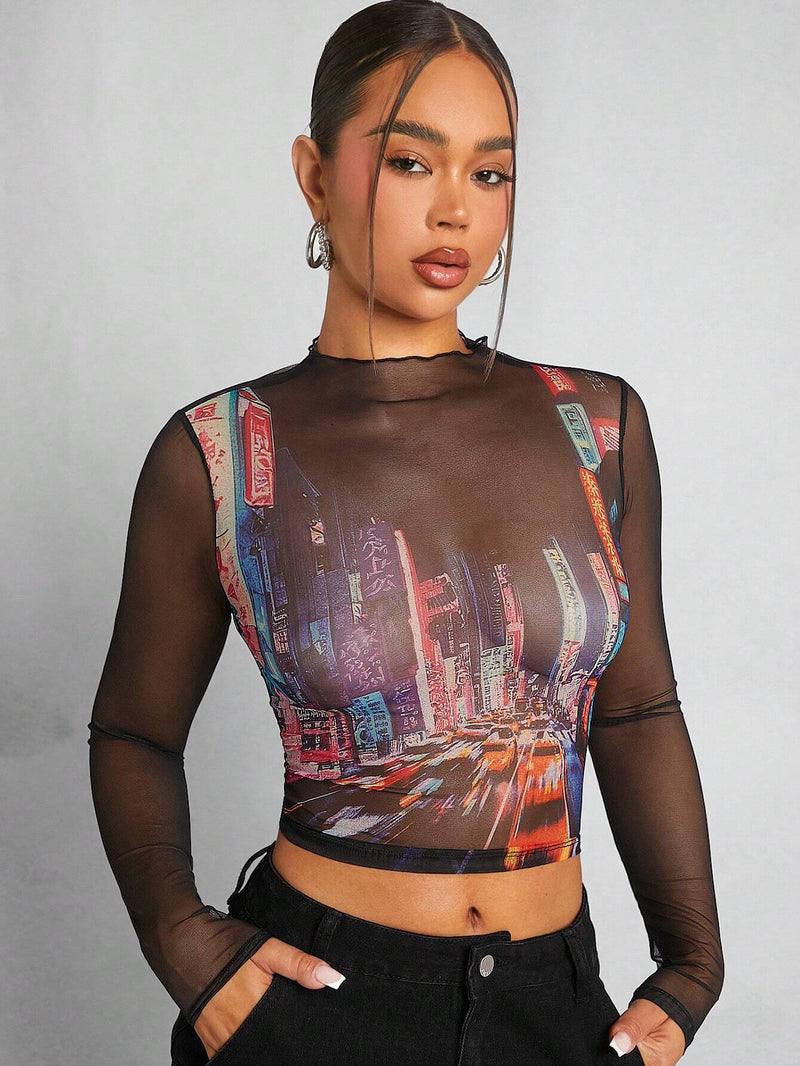 Haute Blusa De Malla Impresa Con Escena Nocturna De La Ciudad