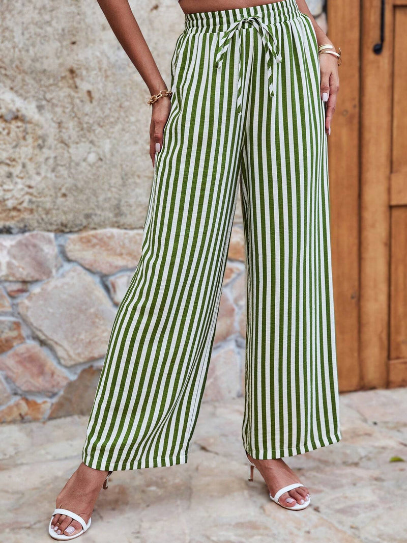 Frenchy Pantalones Anchos De Cintura Alta Con Cinturon A Rayas Para Vacaciones De Verano