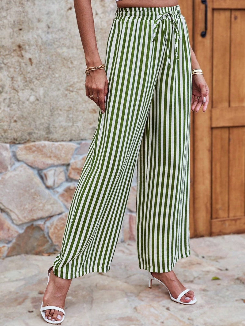 Frenchy Pantalones Anchos De Cintura Alta Con Cinturon A Rayas Para Vacaciones De Verano