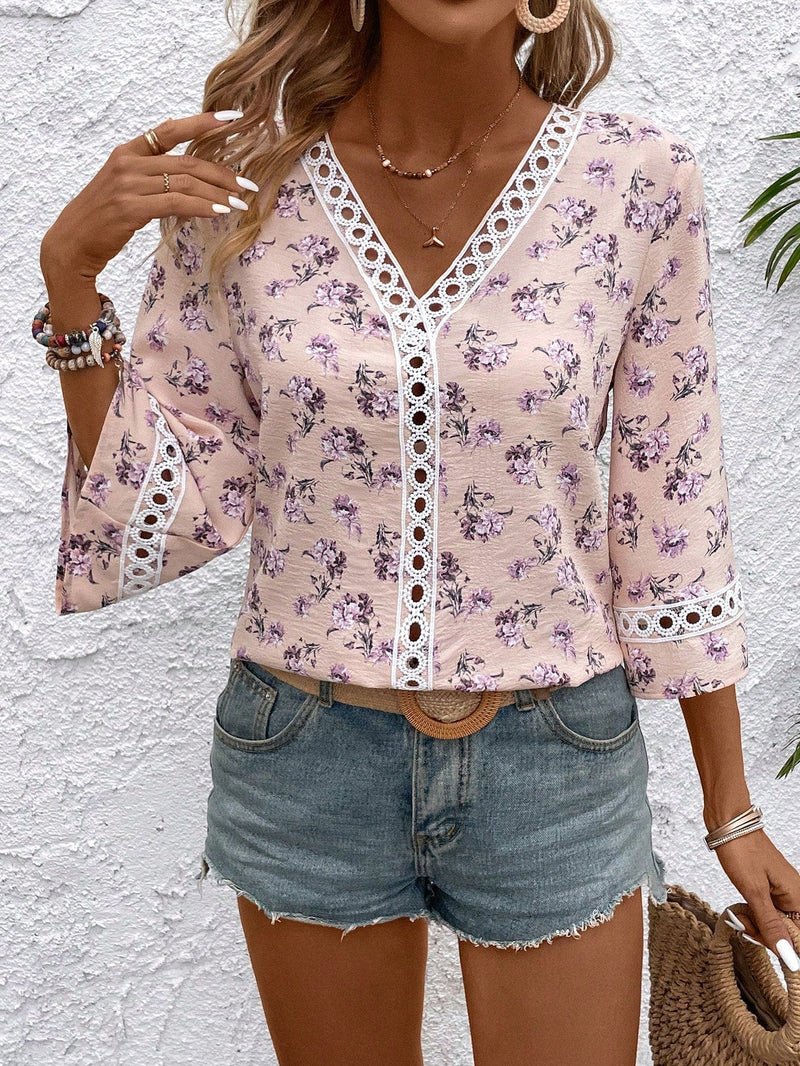 LUNE Blusa De Verano Con Parches De Encaje Floral Para Mujeres, Ideal Para Vacaciones