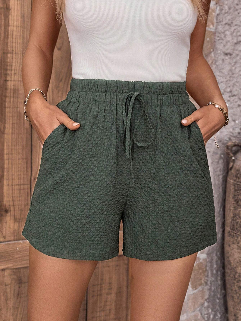 LUNE Pantalones Cortos Casuales Con Cintura Con Lazo Y Bolsillo De Textura Verde Oliva Para Uso Diario