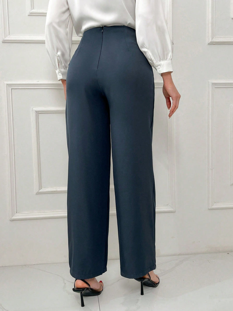 Modely Pantalones Anchos Casuales Holgados Con Pliegues Y Ajuste De Color Solido