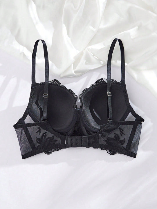 Sujetador Clasico Negro Para Mujer Con Copas Moldeadas Y Diseno De Flores Bordadas Para Tops