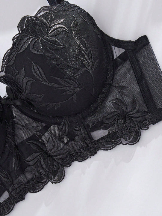 Sujetador Clasico Negro Para Mujer Con Copas Moldeadas Y Diseno De Flores Bordadas Para Tops
