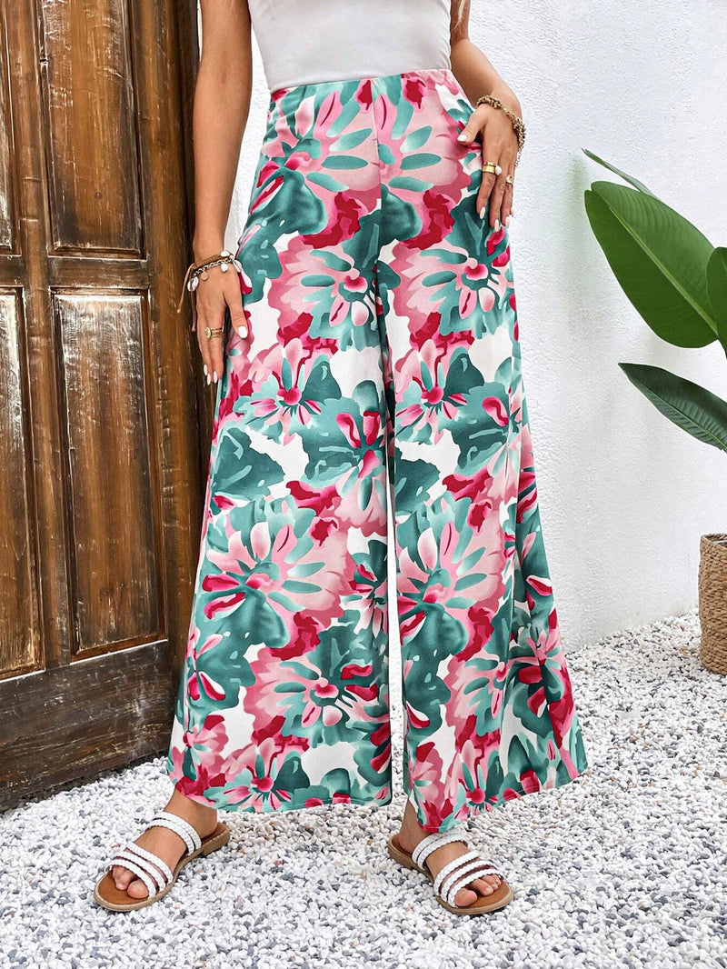 VCAY Pantalones De Pierna Ancha Para Mujer Con Estampado Floral Y Dobladillo Acampanado