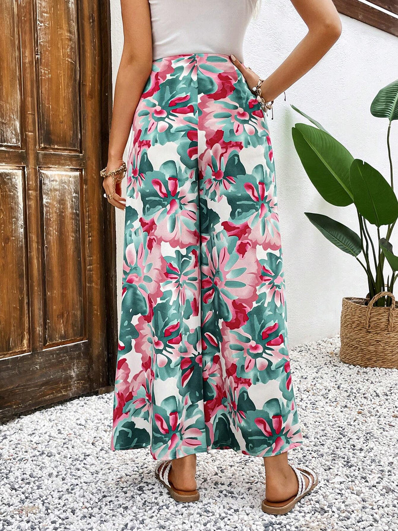 VCAY Pantalones De Pierna Ancha Para Mujer Con Estampado Floral Y Dobladillo Acampanado