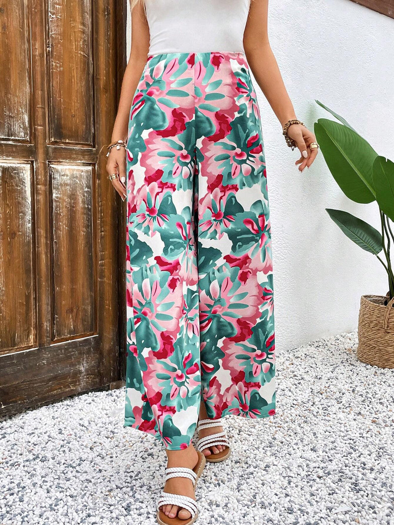 VCAY Pantalones De Pierna Ancha Para Mujer Con Estampado Floral Y Dobladillo Acampanado