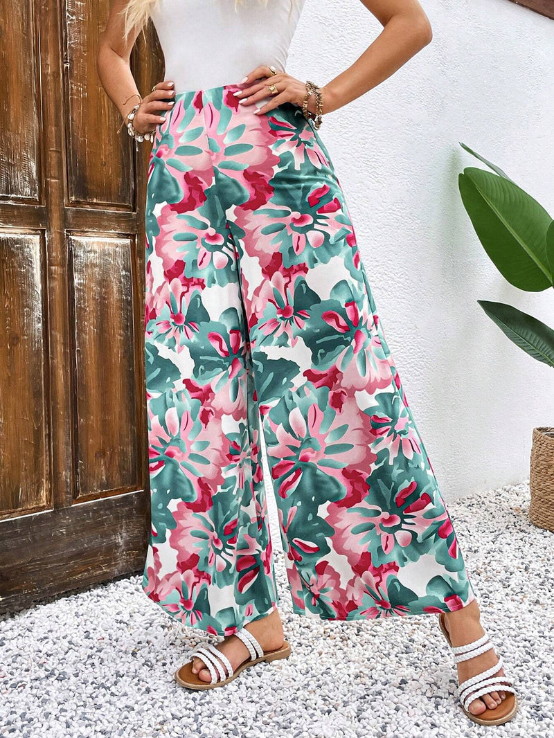 VCAY Pantalones De Pierna Ancha Para Mujer Con Estampado Floral Y Dobladillo Acampanado