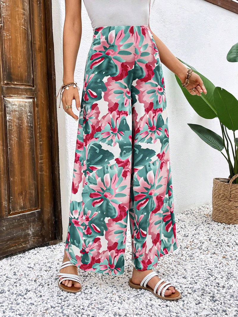 VCAY Pantalones De Pierna Ancha Para Mujer Con Estampado Floral Y Dobladillo Acampanado