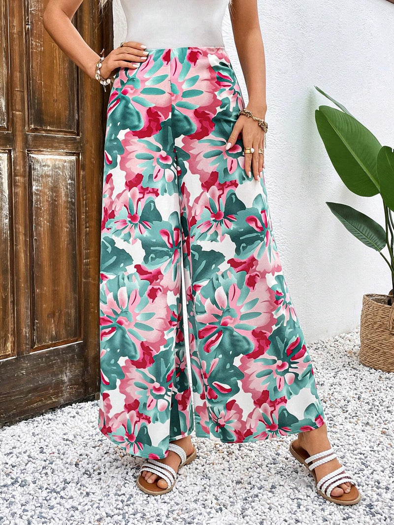 VCAY Pantalones De Pierna Ancha Para Mujer Con Estampado Floral Y Dobladillo Acampanado