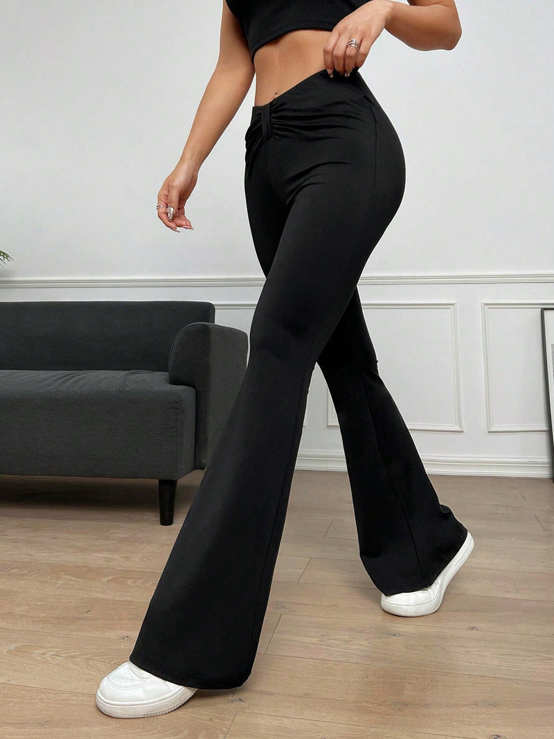 EZwear Pantalones Acampanados De Cintura Alta De Color Liso Para Mujer Con Detalles Elegantes