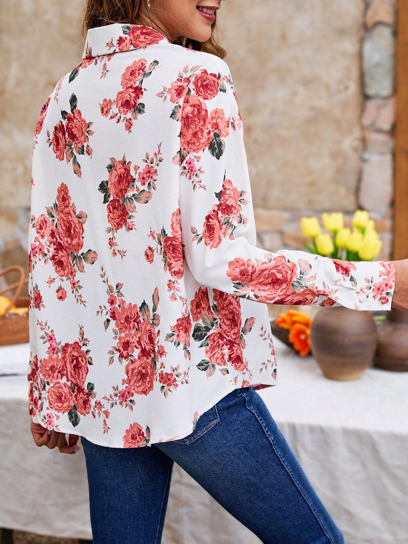 Frenchy Camisa De Manga Larga Con Hombros Caidos Y Estampado Floral Para Mujer