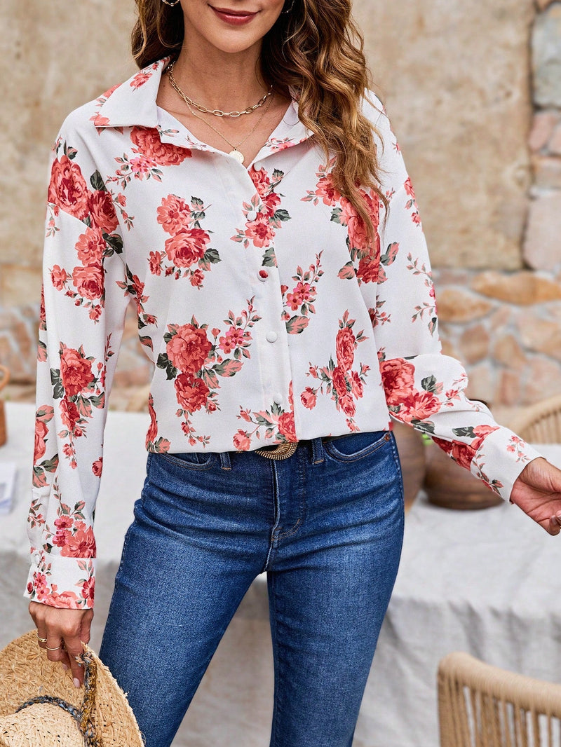 Frenchy Camisa De Manga Larga Con Hombros Caidos Y Estampado Floral Para Mujer