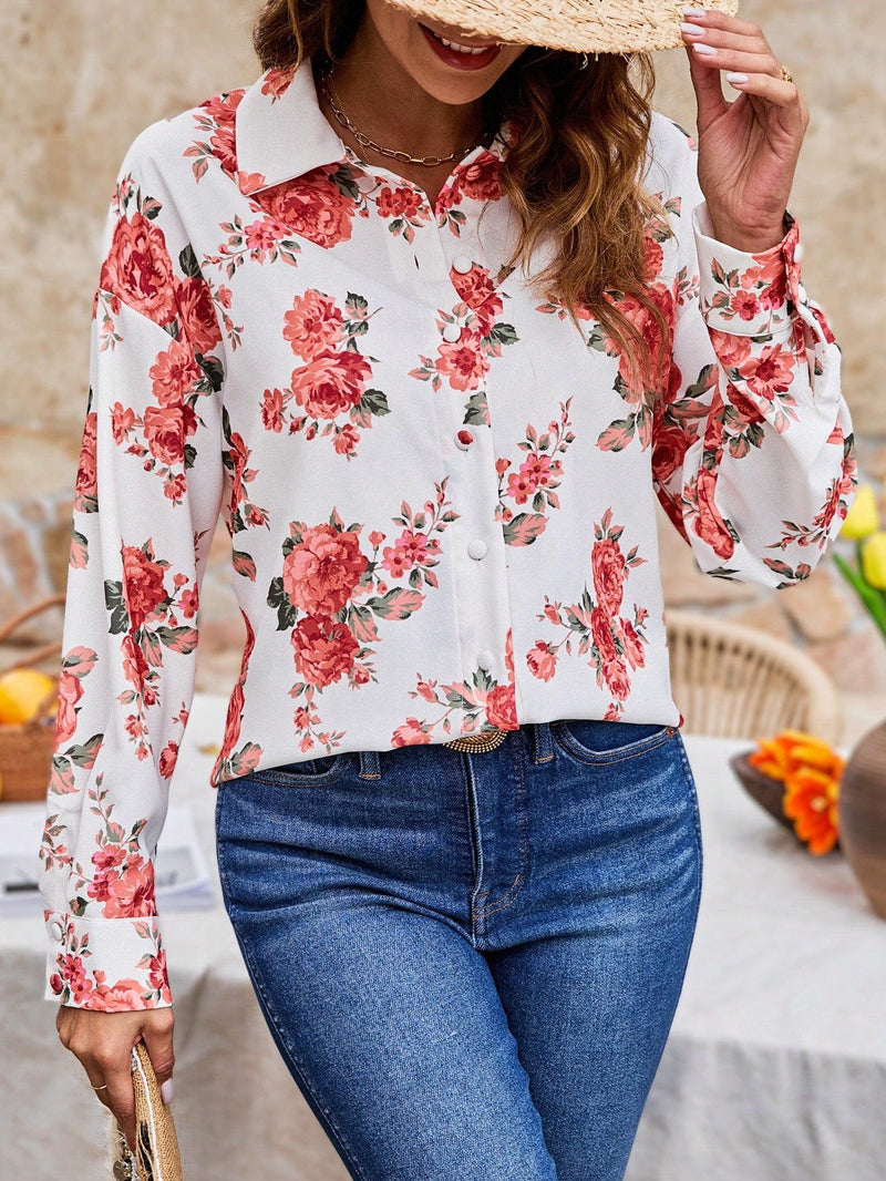 Frenchy Camisa De Manga Larga Con Hombros Caidos Y Estampado Floral Para Mujer