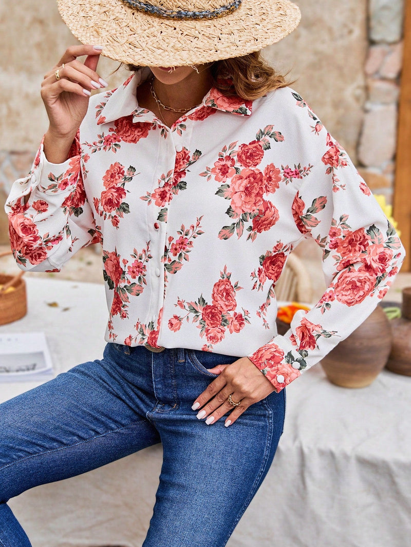 Frenchy Camisa De Manga Larga Con Hombros Caidos Y Estampado Floral Para Mujer